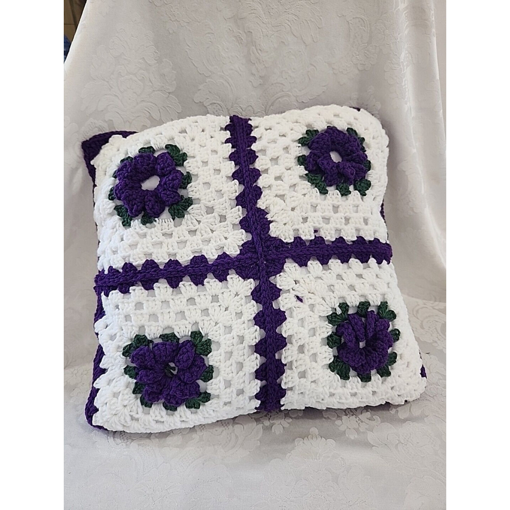 Hand Crochet Granny Square Pillow Purple White 20 Inch